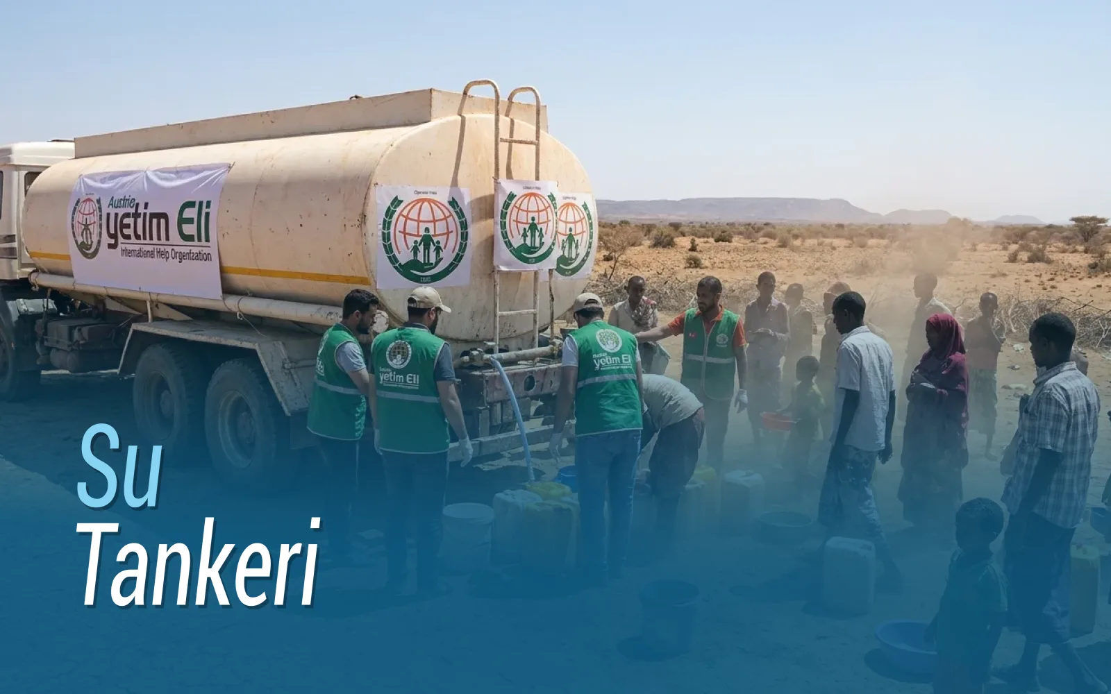Clean water from a donated water tanker being distributed into jerrycans in Palestine